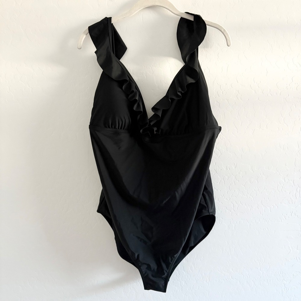NWT J Crew XXL Black Ruffle One Piece Swimsuit Adjustable Straps